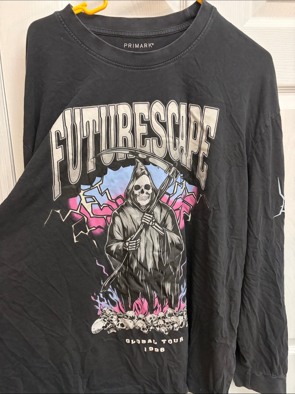 Primark Black Long Sleeve 'Futurescope' Graphic Tee with Pink & Blue Accents
